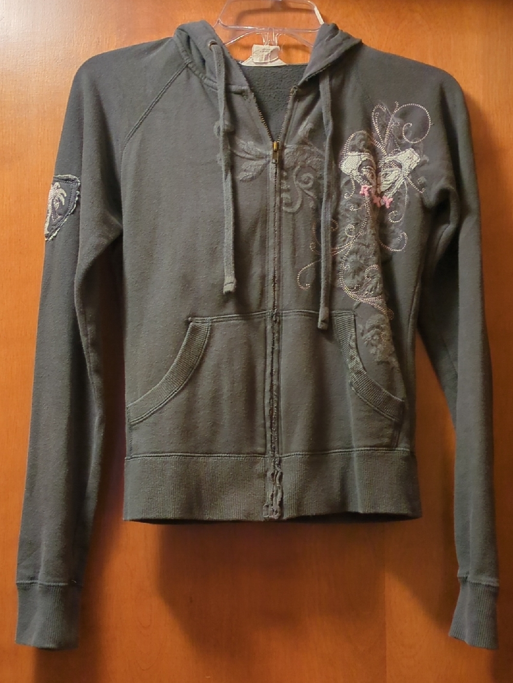 Roxy Women's Gray Embroidered Zip-Up Hoodie